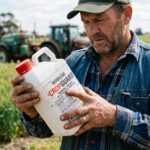 A realistic close-up of a farmer holding and reading a pesticide label on a bottle, label text partially visible, farm background slightly blurred, natural daylight, high detail, professional photography, clean composition, 16:9 aspect ratio, sharp focus”