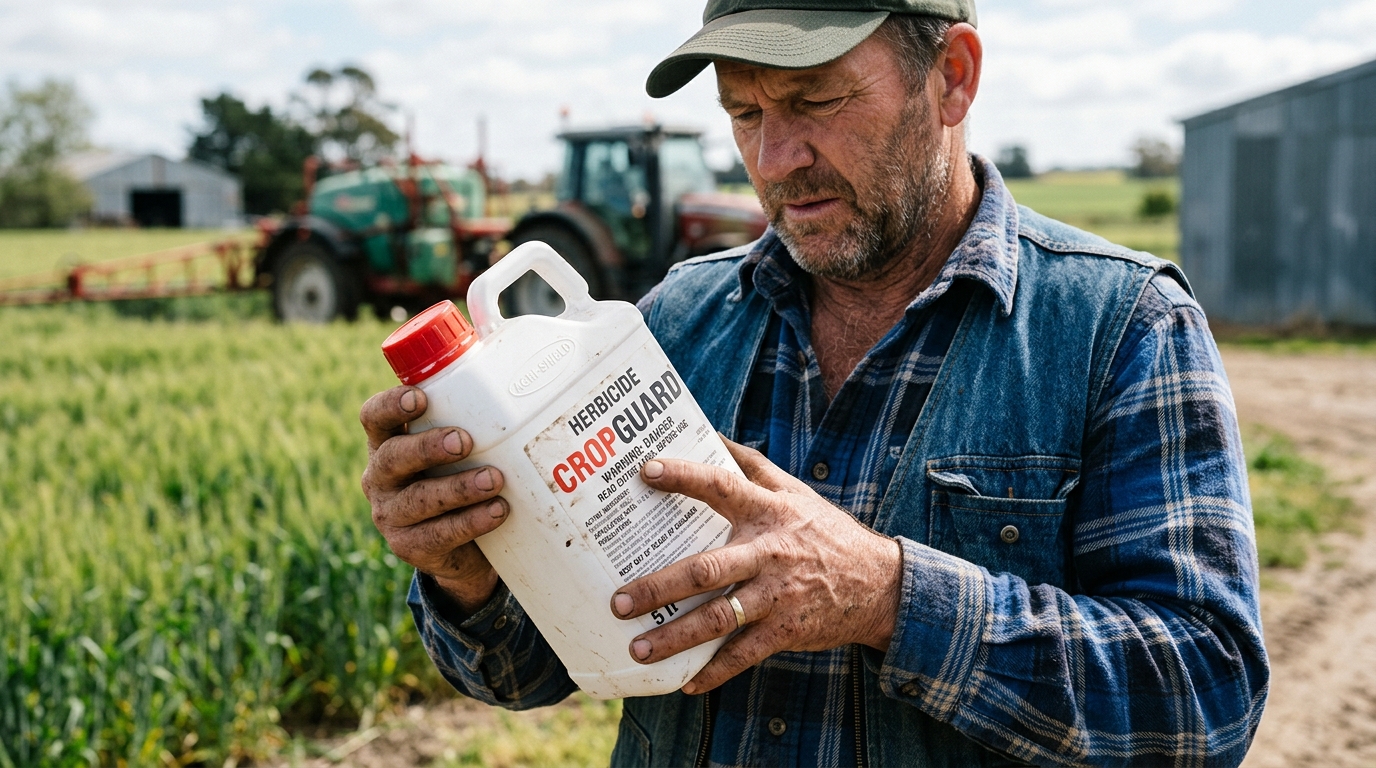A realistic close-up of a farmer holding and reading a pesticide label on a bottle, label text partially visible, farm background slightly blurred, natural daylight, high detail, professional photography, clean composition, 16:9 aspect ratio, sharp focus”