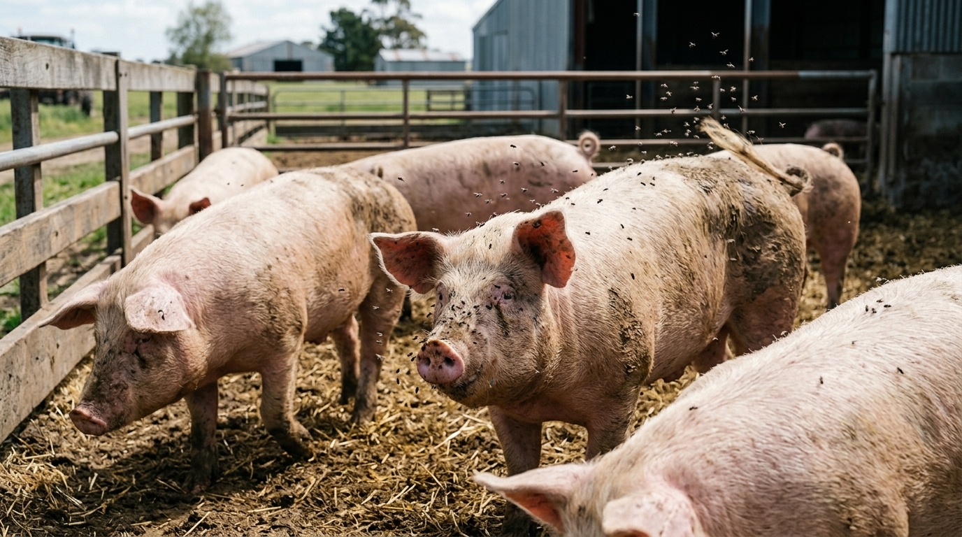 A realistic image of flies around pigs in a farm setting, pig pen environment, visible presence of flies, natural daylight, high detail, professional photography, clean composition,
